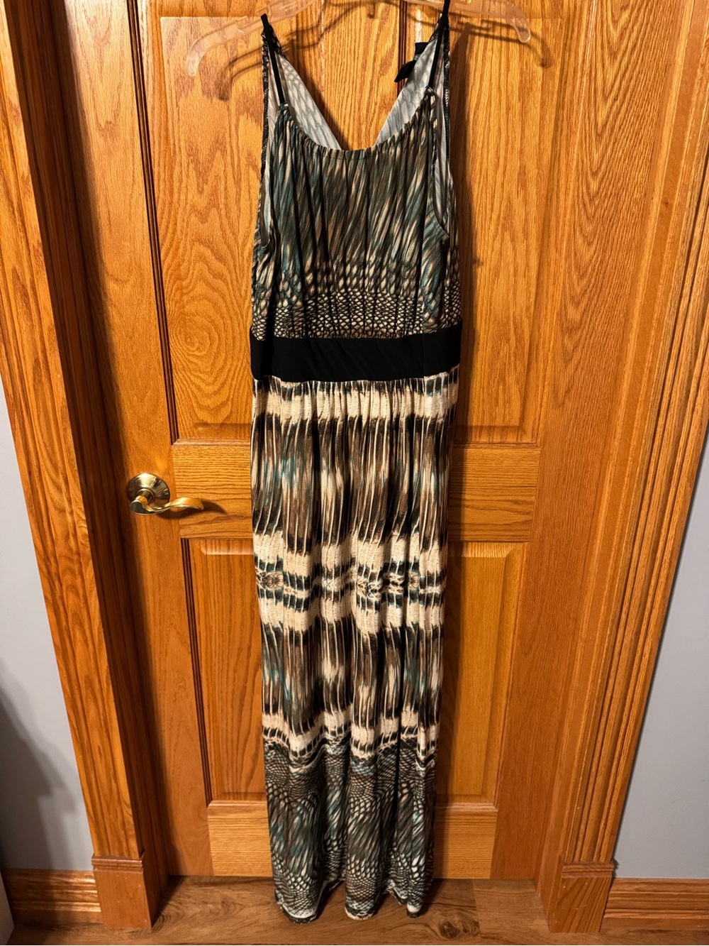 R & M Richards Teal, Brown, and Cream Patterned Maxi Dress